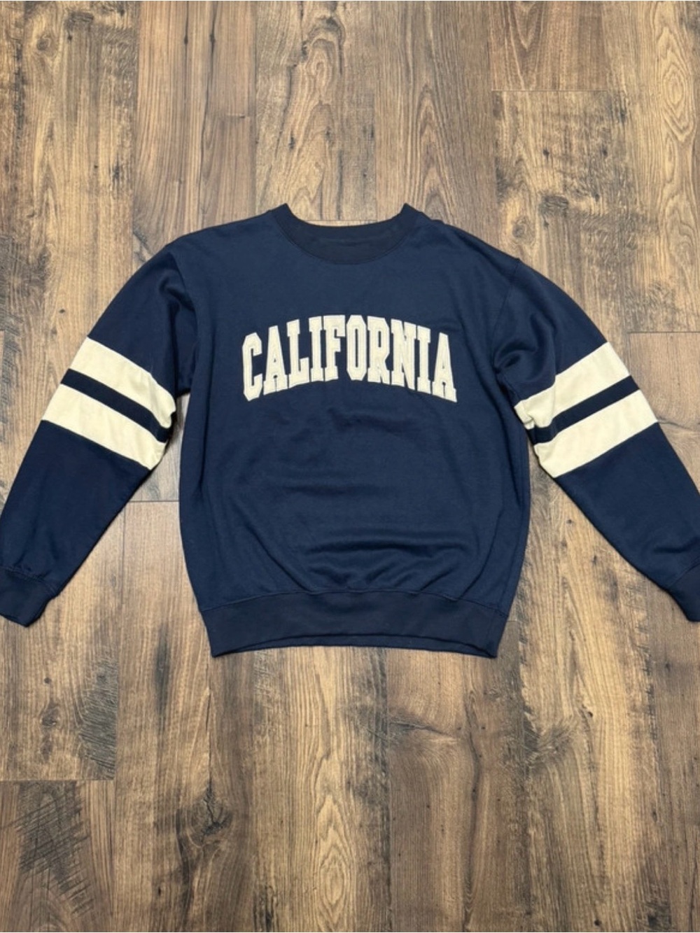 Navy 'California' Crewneck Sweatshirt with Cream Sleeve Stripes